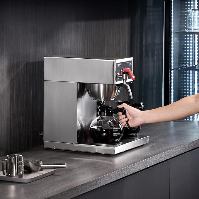 VEVOR 12 Cups Commercial Drip Coffee Maker, Coffee Maker Machine with 3 Glass Carafes and 3 Warmer Plates, Stainless Steel Pour Over Coffee Brewer with Auto Water Intake, for Restaurant Office Cafe