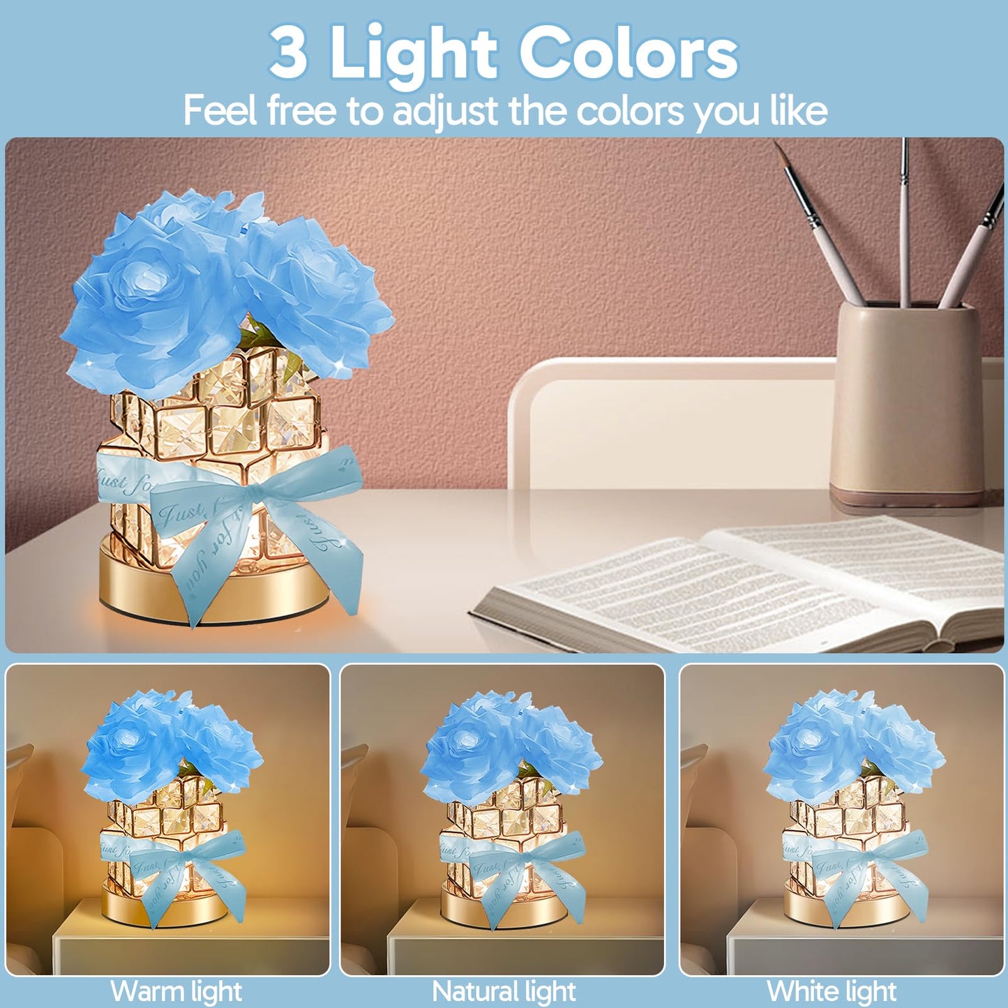 Onxe Romantic Rose Gifts For Girlfriend Wife Her Rechargeable Cordless Touch Crystal Table Lamp 3-Colour Infinitely Dimming Small Night Light ValentineS Day Anniversary Birthday Wedding Decor