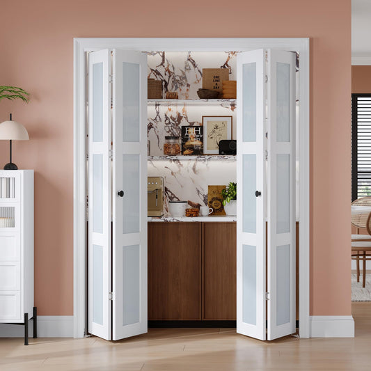 EaseLife Preassembled Bi-Fold Doors, for 48"x 80" Opening,Tempered Frosted Glass Closet Folding Barn Door with Concealed Hardware Kit,MDF Wood Panel,Water-Proof PVC Surface,Easy Installation