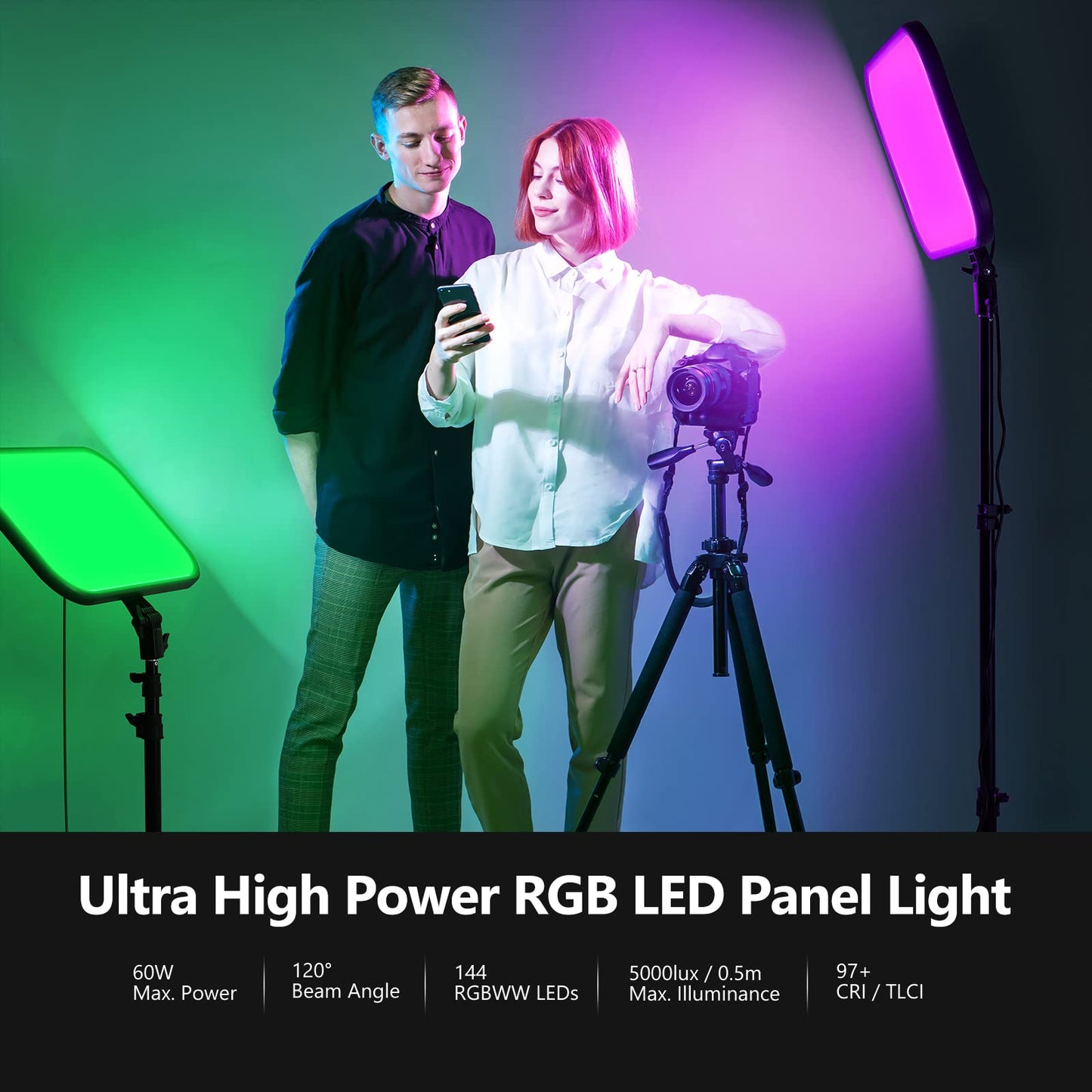 NEEWER RGB168 18.3" RGB LED Video Panel Light with App Control, 2 Pack Tripod Stand Kit, 60W/360° Full Color/2500~8500K/CRI97+, Studio Photography/YouTube Recording/Game Streaming Key Lighting