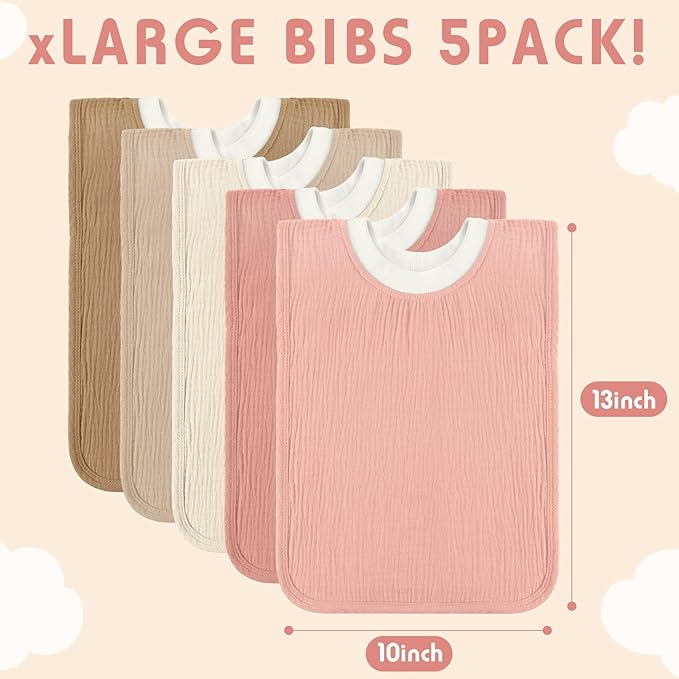 Newwiee 5 Pcs Large Muslin Pullover Baby Bibs Full Coverage Toddler Slip on Absorbent Bib Waterproof Toddler Towel Bibs (Cute Color)