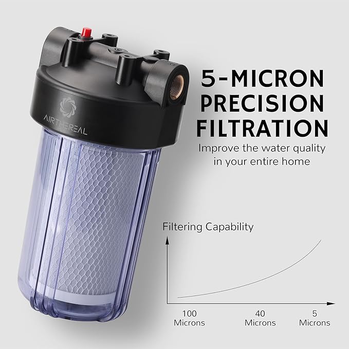 Airthereal Whole House Water Filter Housing, 10" x 4.5" Sediment Carbon Cartridge Universal Housing, Pre-Filtration System for Well and City Water, Clear Housing Include 1-Pack PP Filter