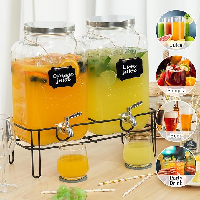 Moretoes 2 Gallon Glass Drinks Dispenser for Parties, 2 PACK Beverage Dispenser with Stand for Juice and Iced Tea, Water Jug Dispenser for Lemonade, Party Essential Beverage Pitcher with Spout
