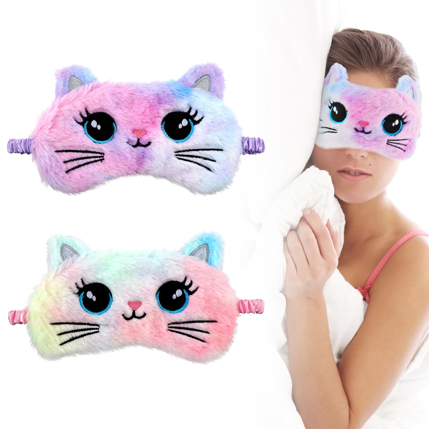 Gjinxi Sleep Mask for Kids, 2 PCS Soft Plush Sleeping Eye Mask, Funny Blindfold Sleep Eye Cover, Cute Animal Sleeping Eye Shade, Night Eyeshade Cover for Toddler Boys Girls Women Men(Cat)