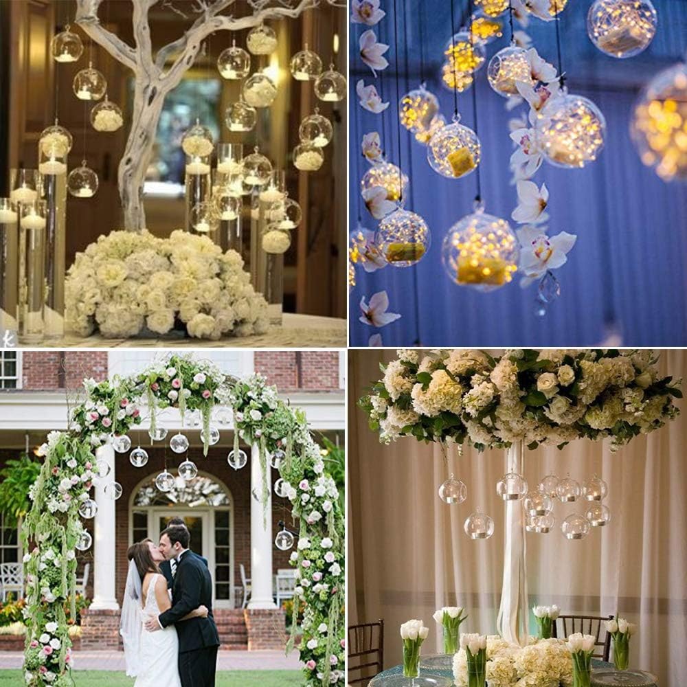 Sziqiqi Hanging Glass Globes Orbs Tea Light Candle Holders with Flameless LED Tealight for Wedding Ornaments Wedding Birthday Christmas Party Centerpiece Accessory 3.15in 12pcs