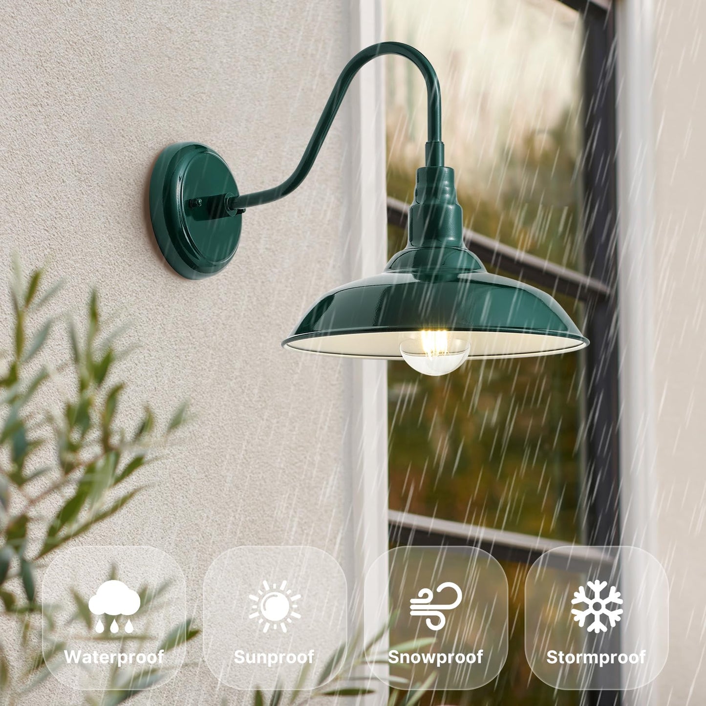 GOALPLUS Outdoor Gooseneck Barn Light Fixture, 10in Dome, Green Metal Wall Sconce for Porch, Patio, Garage, Model LM2201-GR-2P