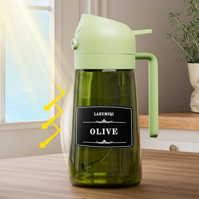 2 in 1 Oil Sprayer for Cooking 16oz, Green Light-Blocking Glass Olive Oil Dispenser Bottle, Food-Grade Oil Mister with 8 Stickers for Kitchen Salad Frying