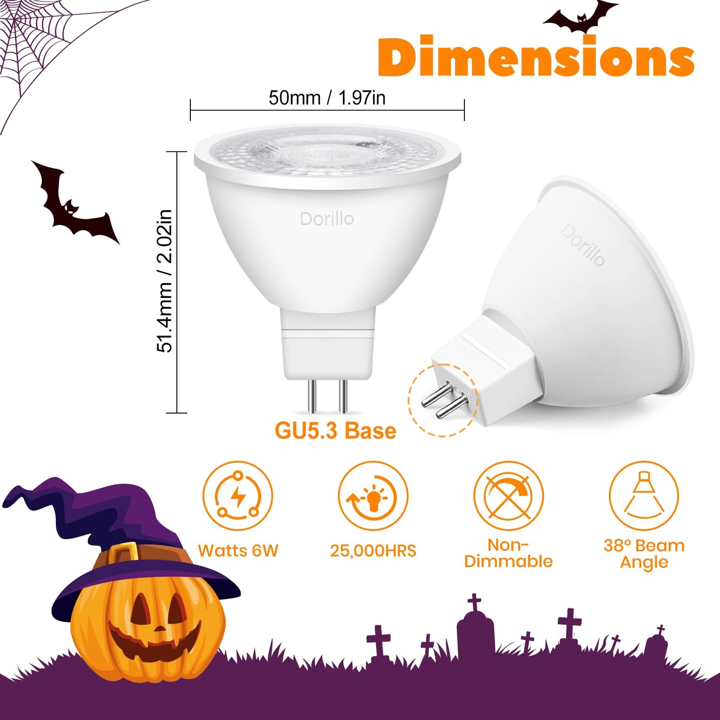 Dorillo Mr16 Orange Led Light Bulbs 6 Pack  6W (50W Equivalent)  Gu5.3 Bi-Pin 12V  Non-Dimmable  38 Beam  Halloween Party Lighting For Garden  Trees  Pathway  Yard