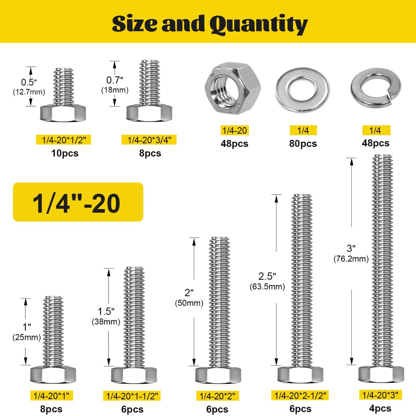 Fgruh 224PCS 1/4''-20 Hex Bolts and Nuts Assortment Kit,1/4-20 x 1/2'', 3/4'', 1'', 1-1/2'', 2'', 2-1/2'', 3'' SAE Stainless Steel Bolts Nuts and Washers Assorted Set, Fully Threaded