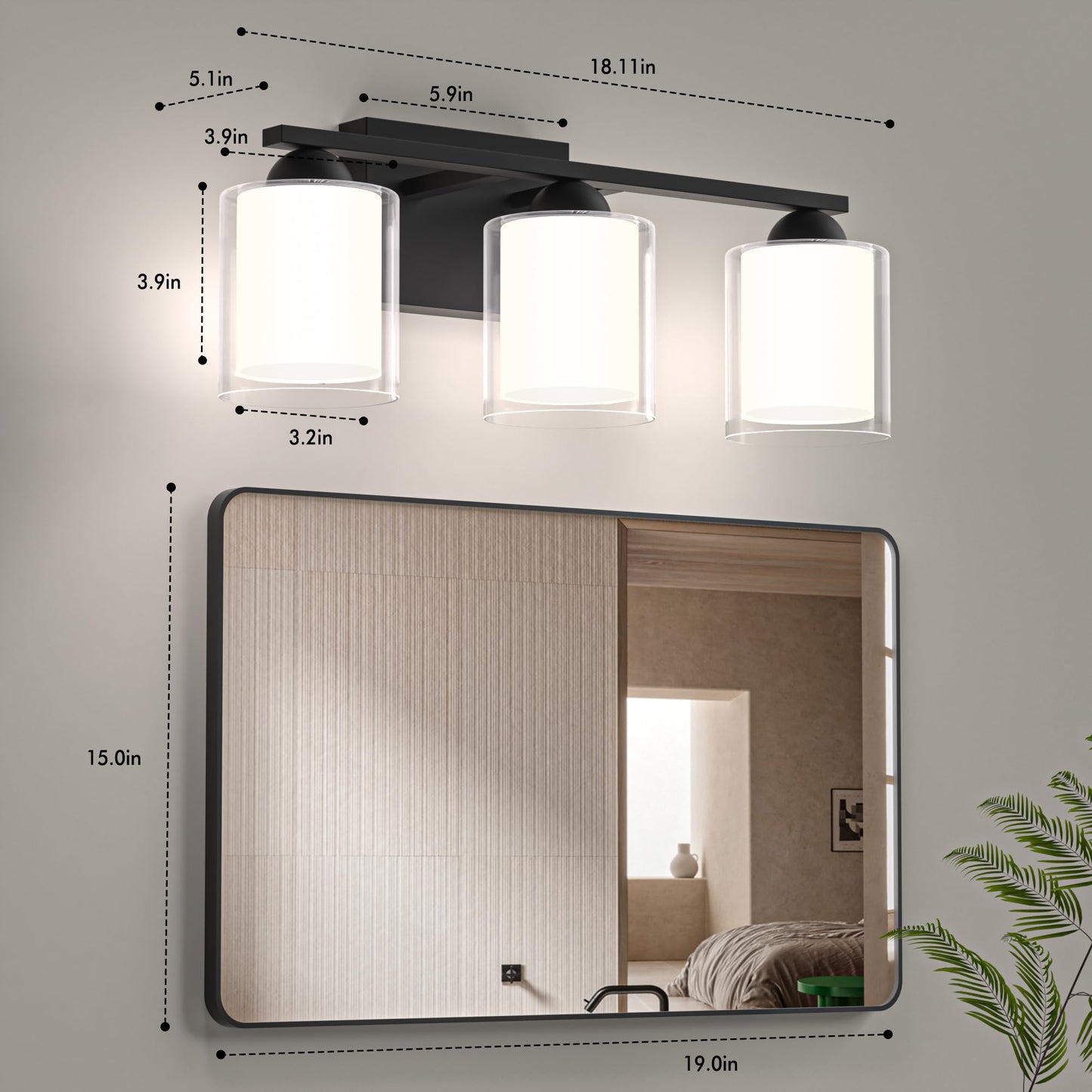 Quntis Bathroom Lighting Fixture - 3 Light Dimmable LED, 21W, 5 Color Modes, Black & Clear, 16 Inch, Metal