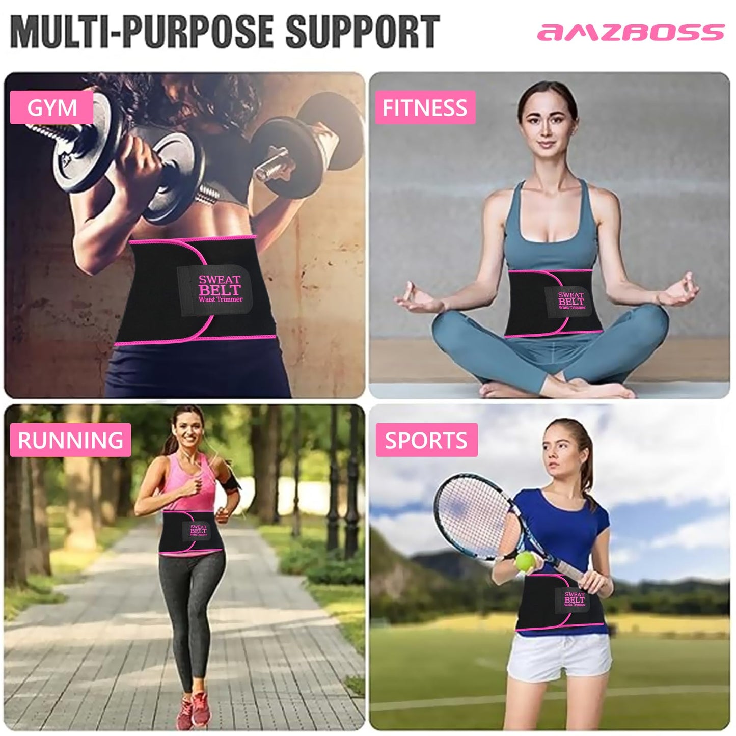 AMZBOSS Waist Trainer for Women Lower Belly Fat, Waist Sweat Band for Women, Belly Band Sweat Belt, Stomach Wrap, Body Shaper, Great Gym Accessories for Sauna, Working Out, Fitness, Large Black/Pink