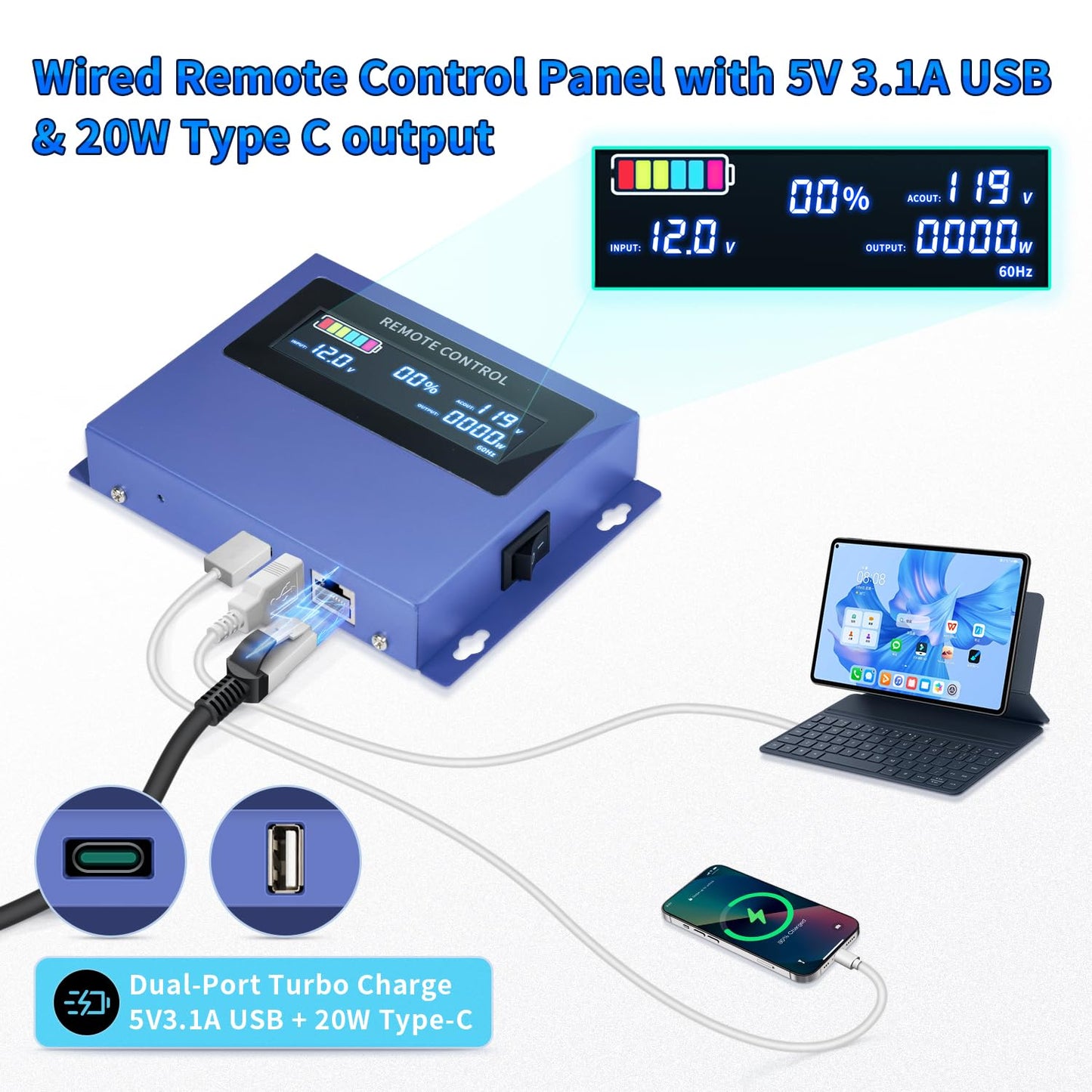 4000W Pure Sine Wave Inverter Dc 12V To Ac 110V/120V Converter, 8000W (Peak) With Lcd Display, Wireless/Wired Remote Control, 4A