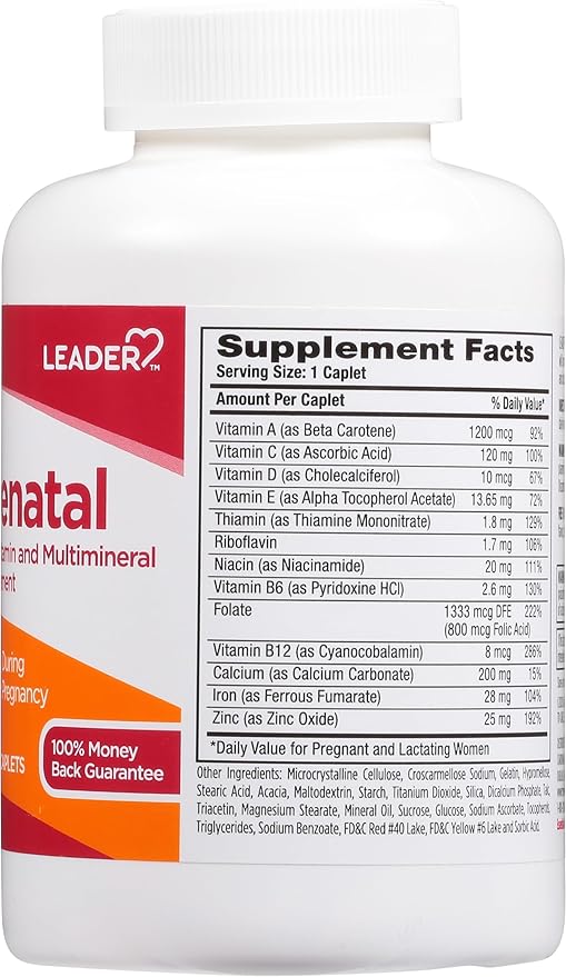 Leader PreNatal Vitamins, 365 Caplets ? Daily Nutritional Support for Expectant Mothers ? Essential Nutrients, Folic Acid, Iron, DHA