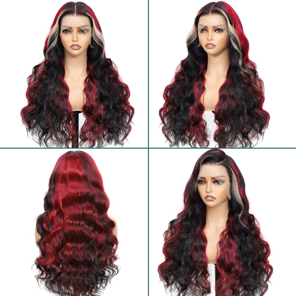 Aolvoblees Skunk Stripe Human Hair Wig 250% Density 13X4 Body Wave 1B/27/99J Highlights Burgundy Ombre HD Lace Front Frontal Glu