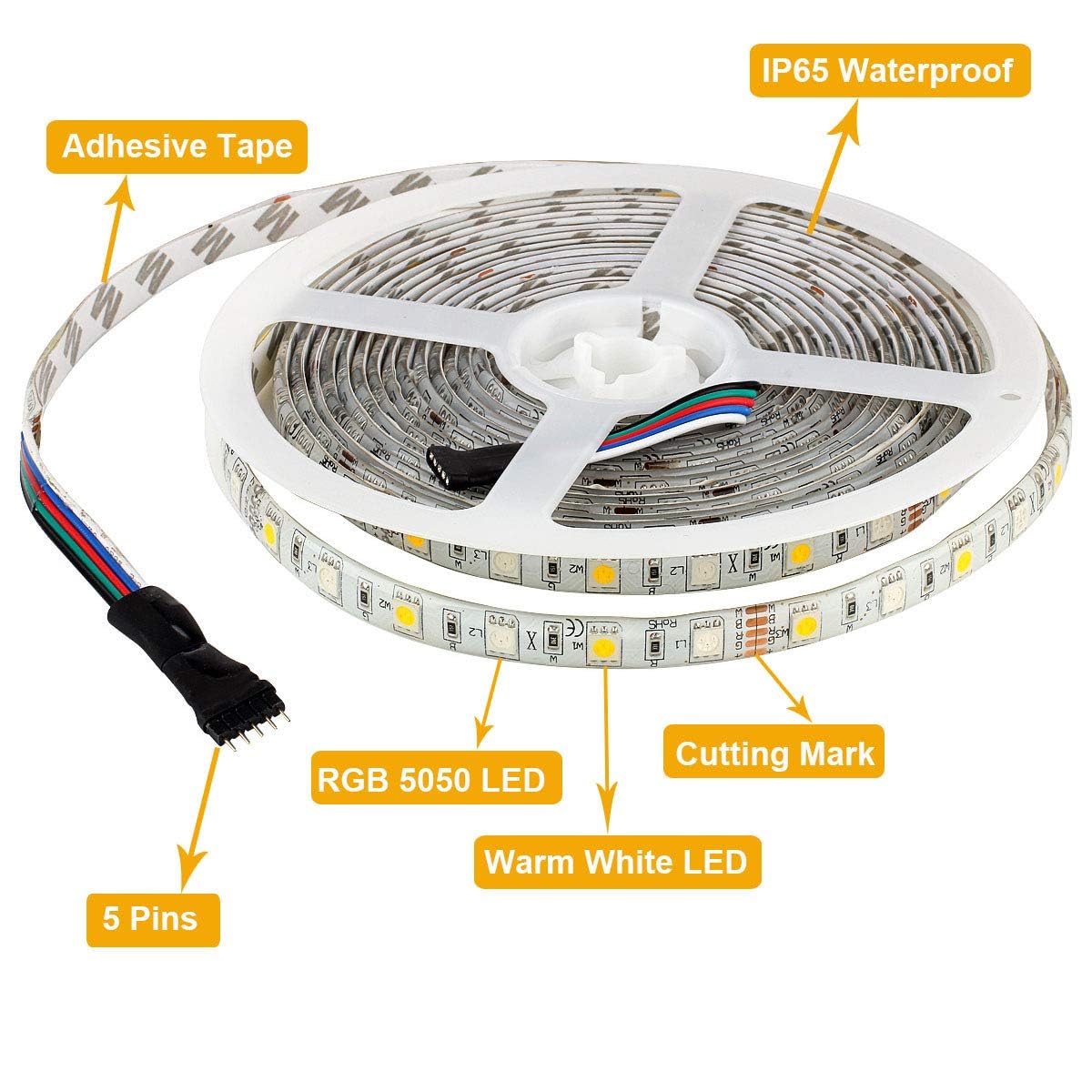 Supernight Rgbww Led Strip Light, 16.4Ft Waterproof Rgb + Warm White, 300 Leds, Model Ebt371-1, Multicolor