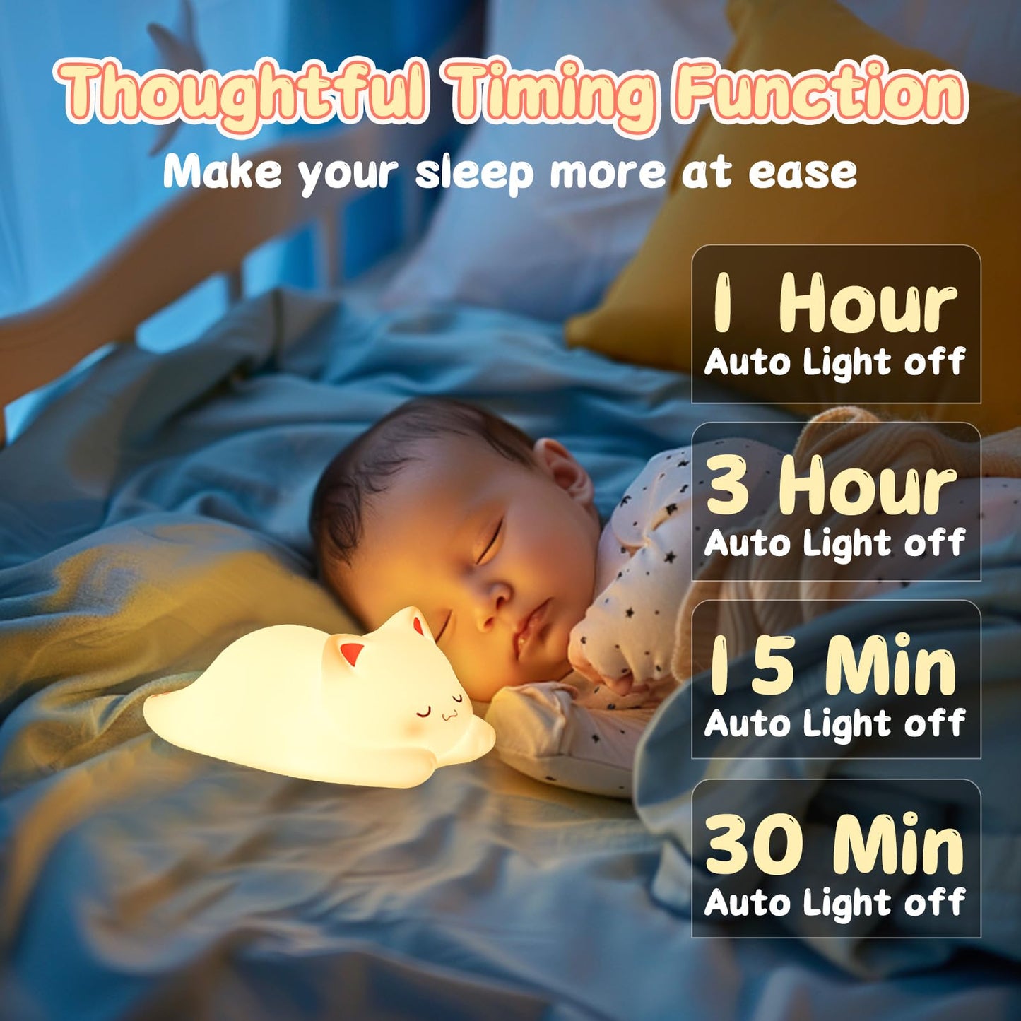 Loveruis Cute Night Light For Kids Cat Night-Light Baby Girl Squishy Nightlight 1/3 Hour Timer Kitty Light Dimmable Nursery Lamp Colorful Nightlight Gift For Kid Toddler Kawaii Bedroom (Cat)