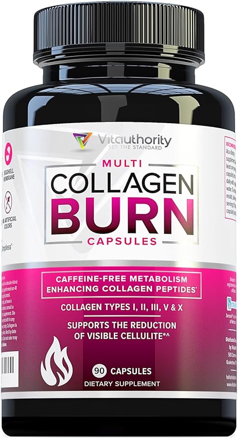 Multi Collagen Burn: Multi-Type Hydrolyzed Protein Peptides with Hyaluronic Acid, Vitamin C, SOD B Dimpless, Types I, II, III, V and X, Caffeine-Free (Unflavored Capsules)