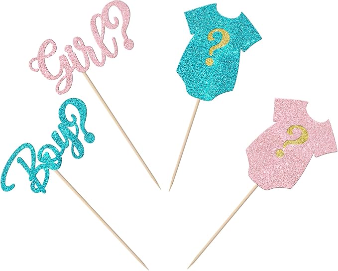 Rsstarxi 24 Pack Gender Reveal Cupcake Toppers Glitter Boy or Girl Cupcake Toppers Pink or Blue Baby Shower Cupcake Picks Decors for Gender Reveal Baby Shower Party Cake Decorations