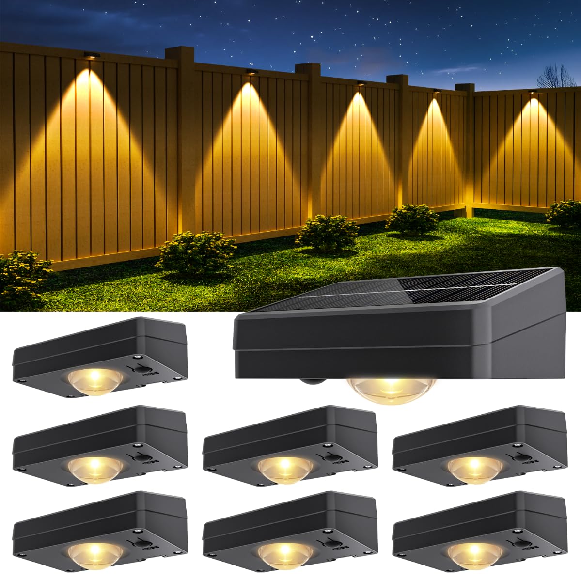 Niorsun Solar Fence Lights Outdoor Waterproof Warm & Cool White Rgb 8 Pack Led Spot Lens Deck Lights 9 Mode Solar Powered Wall Lighting Decor For Outside Patio Step Backyard Railing Pool Black