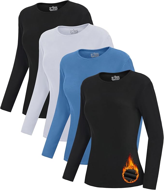 HeliosCloak 4 Pack Women's Thermal Long Sleeve Shirts Double-Sided Fleece Lined Base Layer Winter Basic Underwear Tops