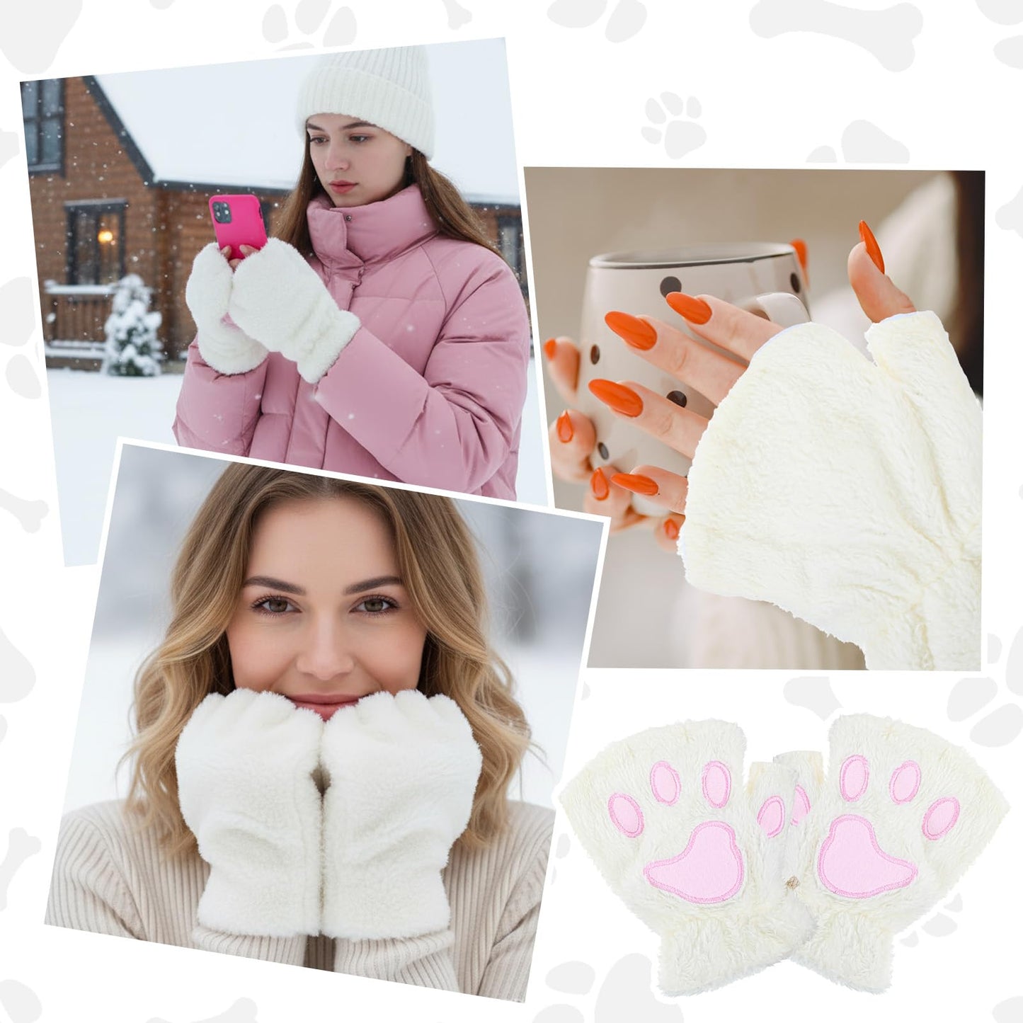 Cat Paw Fingerless Gloves, Furry Paws Gloves Faux Fur Plush Furry Cat Claw Glove Cute Cosplay Costume Accessories for Women (White)