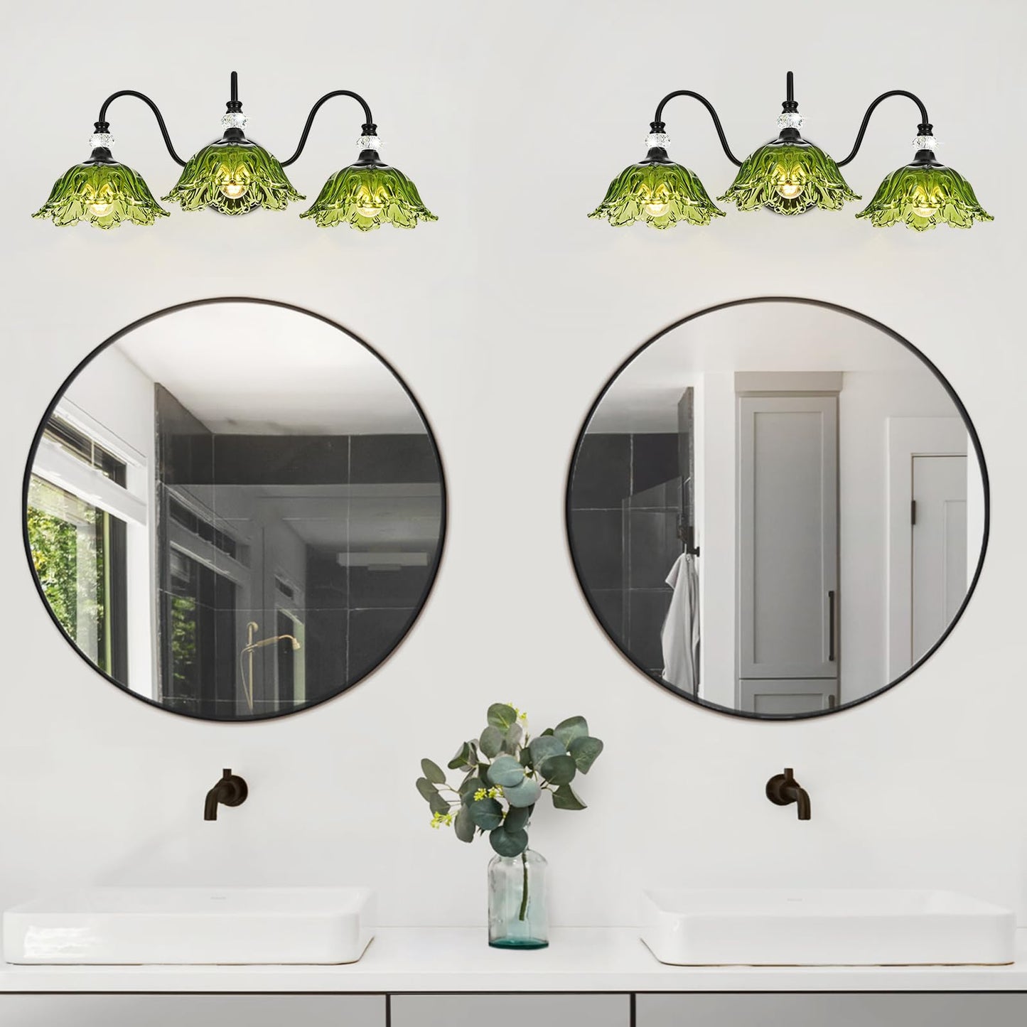 Sunkryster Black Bathroom Vanity Light 3-Light Vanity Light With Floral Green Glass Shades Vintage Farmhouse Wall Mount Lighting For Bathroom  Dressing Table