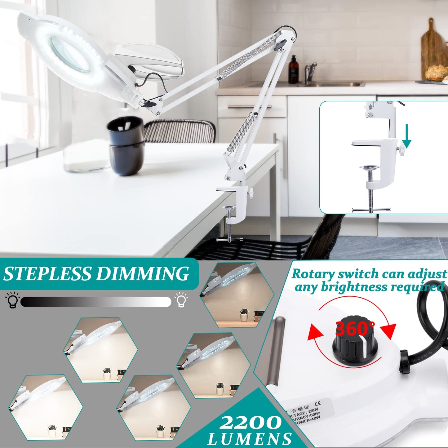 NUEYiO 10X Magnifying Glass with Light, 2200 Lumens, Stepless Dimmable, Adjustable Metal Swing Arm, White, Model NU-JDK-B
