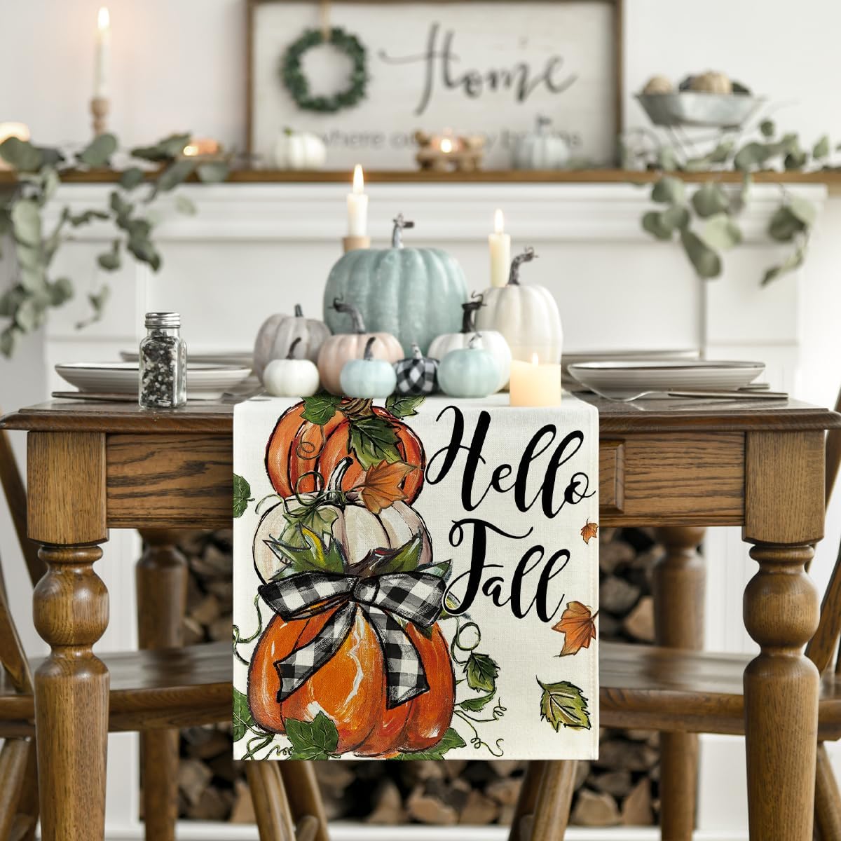 Artoid Mode Pumpkins Bowknot Maple Leaf 210 GSM Fall Table Runner, Seasonal Autumn Kitchen Dining Table Decoration for Home Party Decor 13x120 Inch