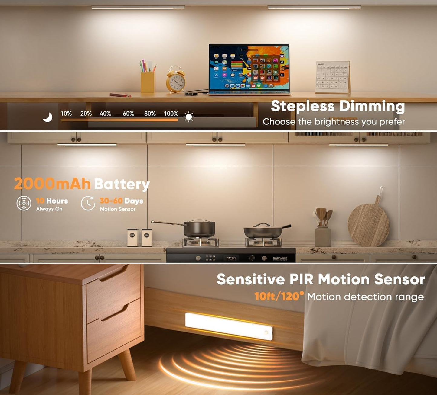 Auxoda Under Cabinet Lighting - Motion Sensor LED Lights, USB Rechargeable, 2-Pack 8 inch, 3 Color Temperatures, Wireless, Dimmable