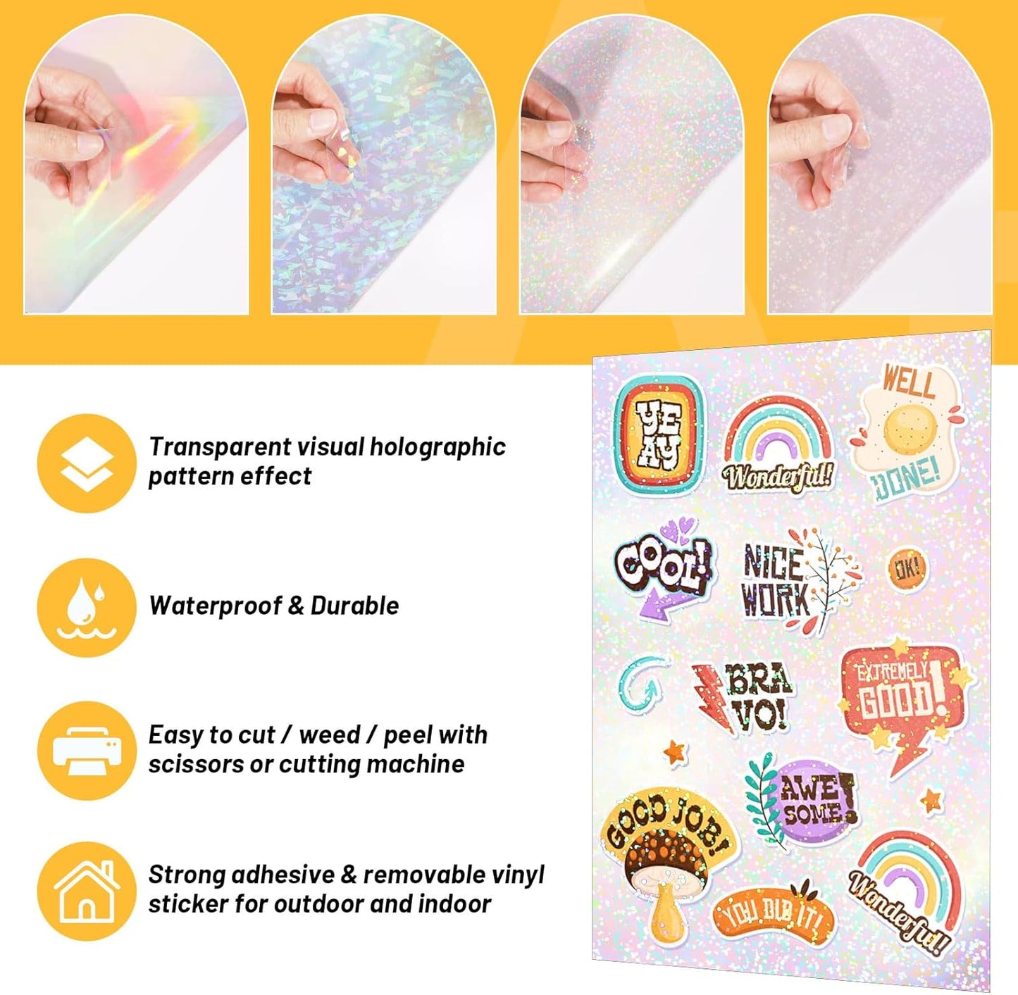 TECKWRAP Holographic Laminate Sheets for Stickers Self Adhesive Vinyl Laminating Sheets Holographic Sticker Paper Clear Vinyl for Inkjet Printer 8.26" x 11.69" A4 28 Sheets (Rainbow,Gem,Star, Sparkle)