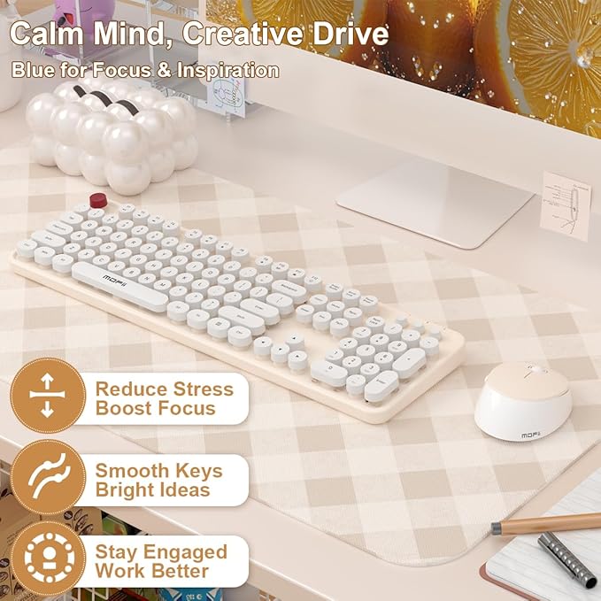 Cream Wireless Keyboard Mouse, COOFUN 104 Keys Full Size White Keyboard Ergonomic Cordless Keyboards Cute Colorful Retro Typewriter Key Board for Windows, PC, Laptop, Desktop (Creamy)