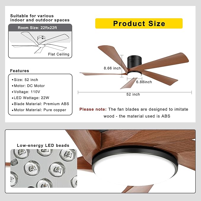 Ohniyou 52” Flush Mount Farmhouse Ceiling Fan with Lights, Remote & APP Control Low Profile Indoor Outdoor Ceiling Fans, Dimmable, Quiet DC Motor, Reversible, Black+Wood