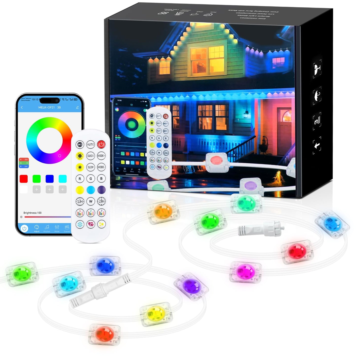 KISUFU 50FT RGB Outdoor Lights, IP68 Waterproof, 221 Modes, App & Remote Control, ABS Material, Model LED725-US, White