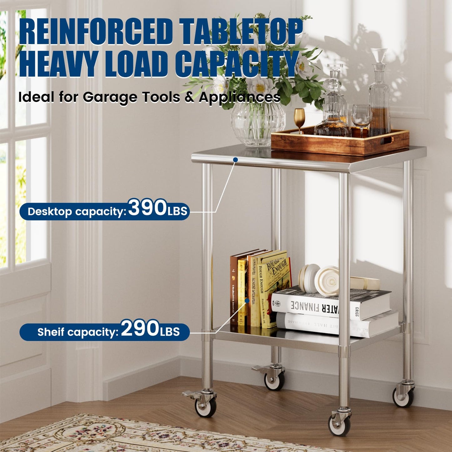Chingoo Stainless Steel Work Table with Wheels, 24x24 Inch NSF Kitchen Prep Table with Adjustable Undershelf for Commercial Restaurant, Garage, Outdoor BBQ