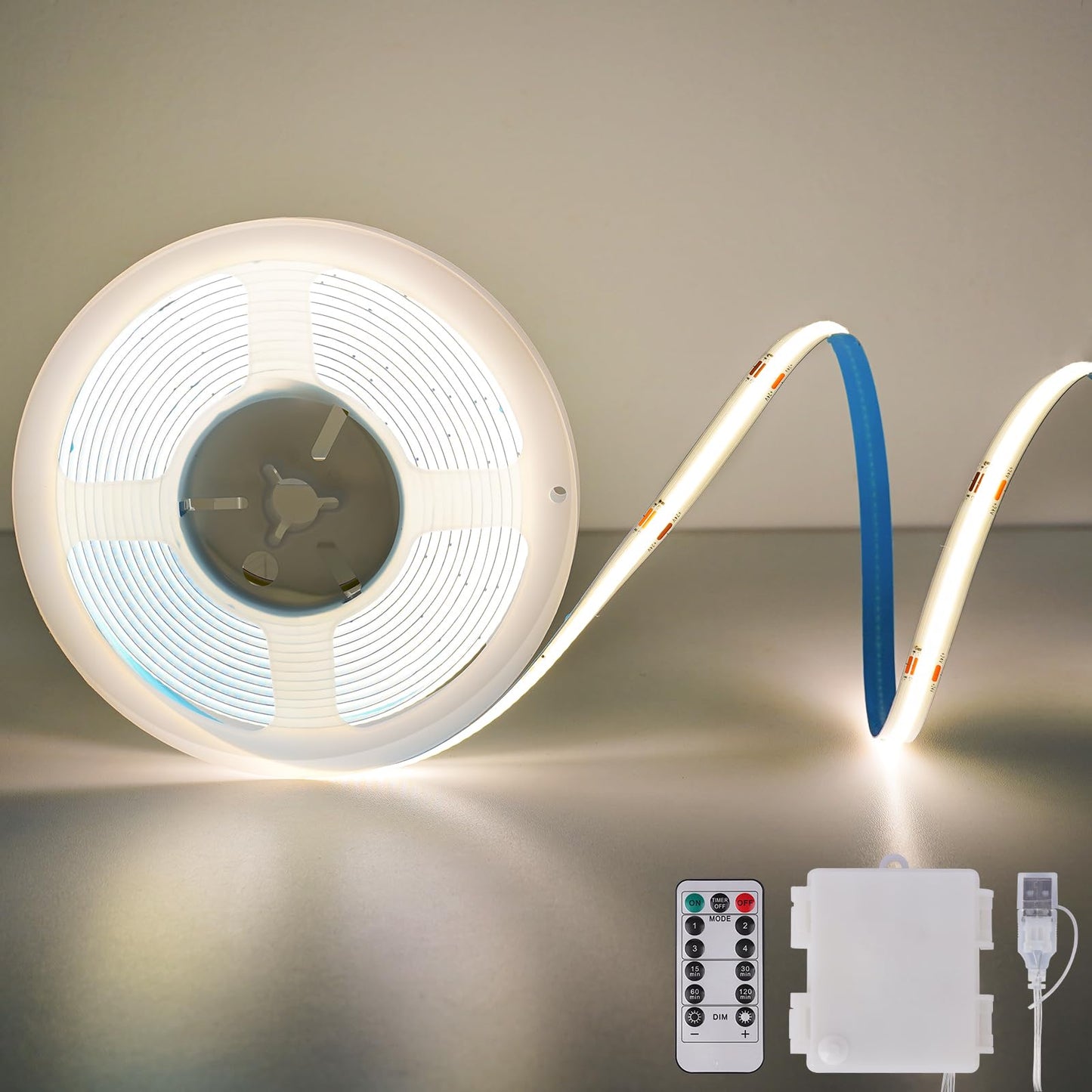 OMIKA COB LED Light Strip, 6.56FT, 640LED, 4000K Natural White, Battery Powered, Flexible, Dimmable, Model MKR-BO-68