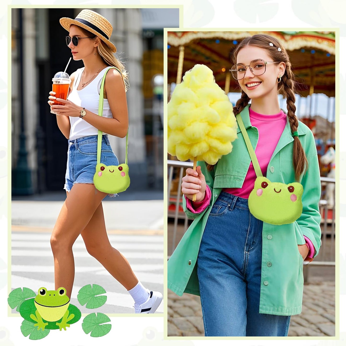 YBEATY Green Frog Crossbody Bag Cute Plush Animal Soft Backpack Shoulder Mini Cartoon Purse with Chain Strap Portable Practical Wallet Backpack for Women Adults Everyday Party Accessories