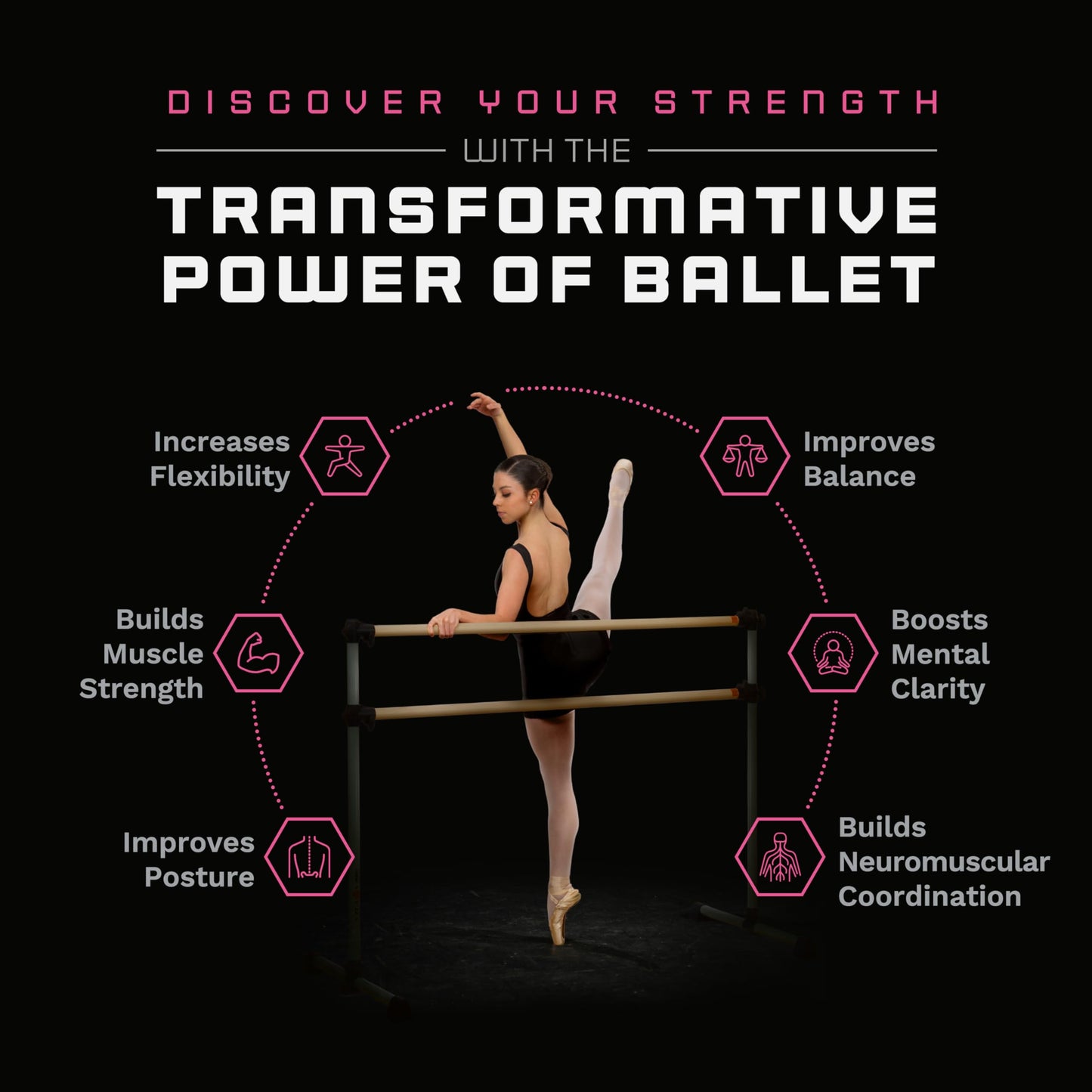 VITA Barre Portable Freestanding Double Ballet Barre, Prodigy, 5 Ft Bars, Black, with Bag | Adjustable Height, USA Made, Home or Gym Exercise Equipment for Kids & Adults | Dance, Fitness, Pilates
