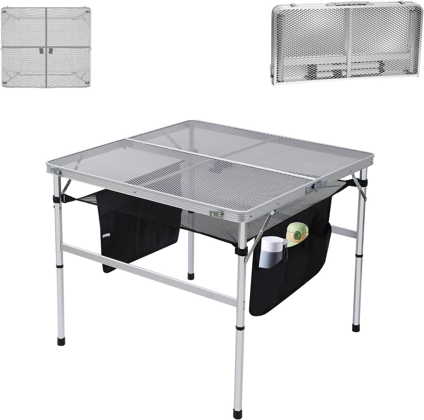 Nice C Square Table for Grill, Folding Table, Camping Table, Outdoor Table, Card Table, Height Adjustable, Mesh Bag Lightweight, Carry Handle, Aluminum (23.6"x23.6" White)