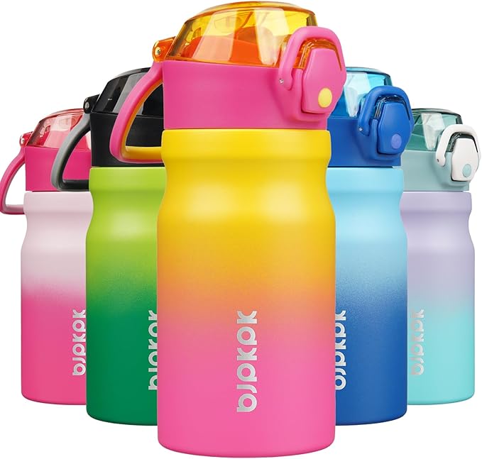 BJPKPK Water Bottle with Straw 14oz Insulated Water Bottles Reusable Stainless Steel Metal Thermal Flask with Leak Proof Lockable Lid and Carry Handle,Rainbow
