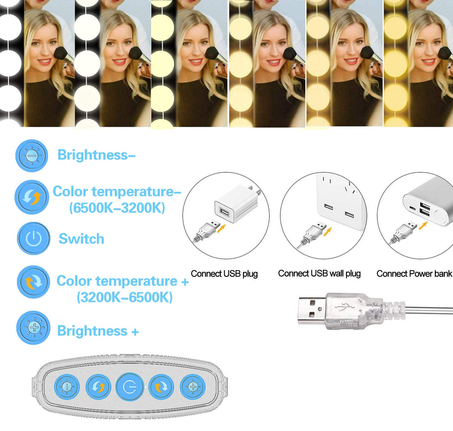 SICCOO Vanity Mirror Lights, 10 Dimmable LED Bulbs, USB Cable, Hollywood Style, Warm Cold, White, Model CW-10