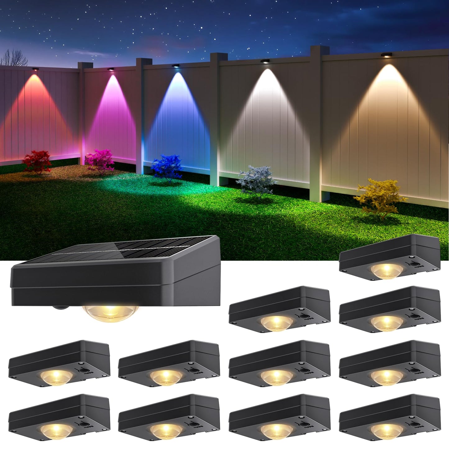 Niorsun Solar Fence Lights Outdoor Waterproof Warm & Cool White Rgb 12 Pack Led Spot Lens Deck Lights 9 Mode Solar Powered Wall Lighting Decor For Outside Patio Step Backyard Railing Pool Black