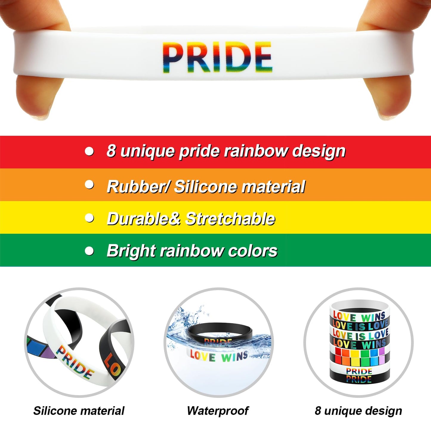 Karenhi 96 Pieces Pride Bracelets bulk LGBT Rainbow Silicone Wristbands Rubber Lesbian Gay Motivational Bracelets for Parades Fe