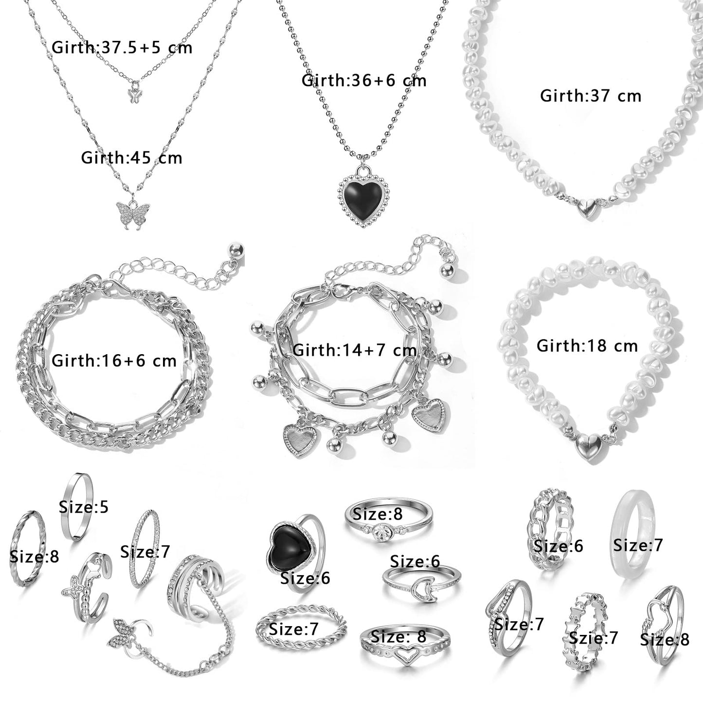 IFKM 21 PC Silver Plated Jewelry Set with 3 Necklace, 3 Bracelet, 15 Knuckle Rings for Women - Valentine, Anniversary, Birthday, Friendship - Cute Fashion Gifts