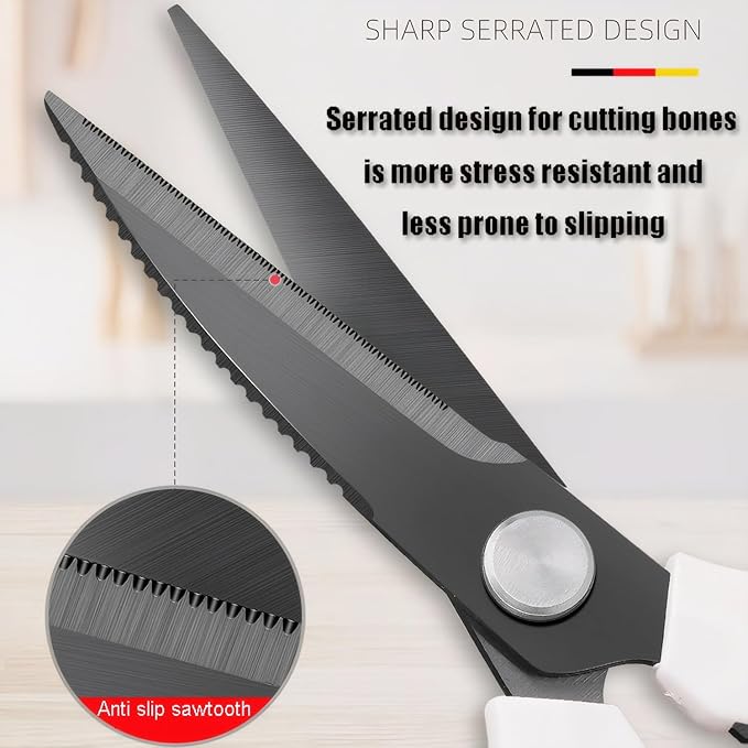 Jasni Transparent Handle Stainless Steel Sharp Powerful Kitchen Scissors Multi-Purpose Heavy Duty Food Scissors Kitchen Shears Chicken Poultry bone fish scales (Black handle black blade)