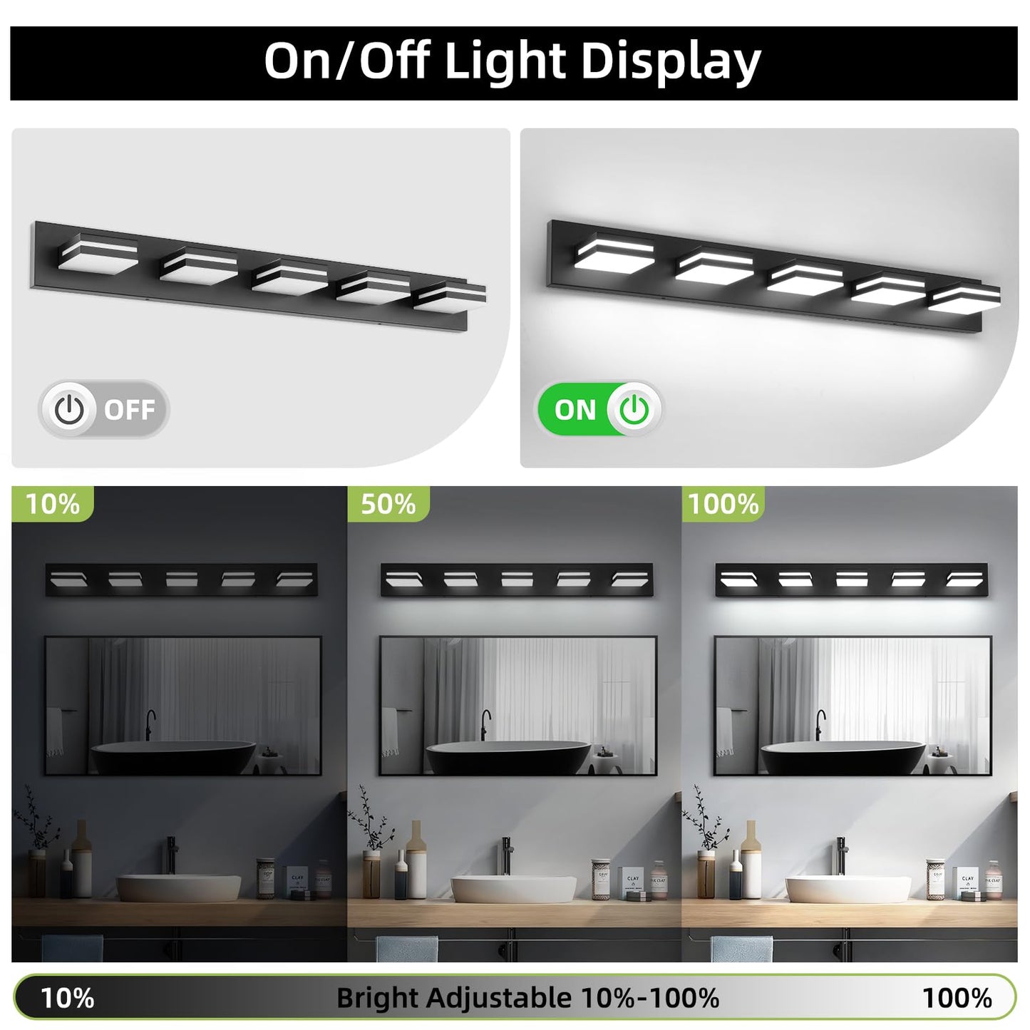 OKELI 5-Light Bathroom Vanity Light, Dimmable LED, 36.2 Inch, Matte Black, Aluminum, Model OK-9553-5T-BK, Adjustable Lamp Head