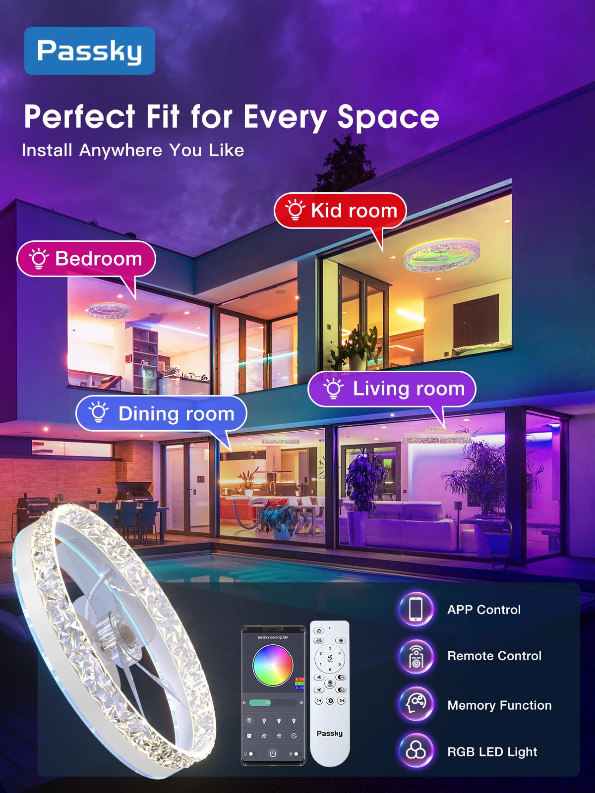 Passky RGB Flush Mount Ceiling Fan with Light, cutting edgeless, Remote Control, 19.7in , White, Model NFM0201082