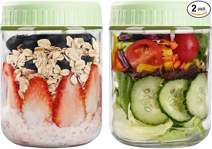 Overnight Oats Containers with Lids, 16oz Glass Jars with Lids 2 pcs, Light Green, Wide Mouth Mason jars for Salad, Yogurt, Snacks, Meal Prep