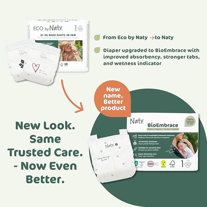 Naty BioEmbrace Baby Newborn Diapers Size 1 (4–11 lbs) | 100% Biobased on Skin | Plant-Based Softness | Dermatologically Tested, Super Absorbent | 100 Count