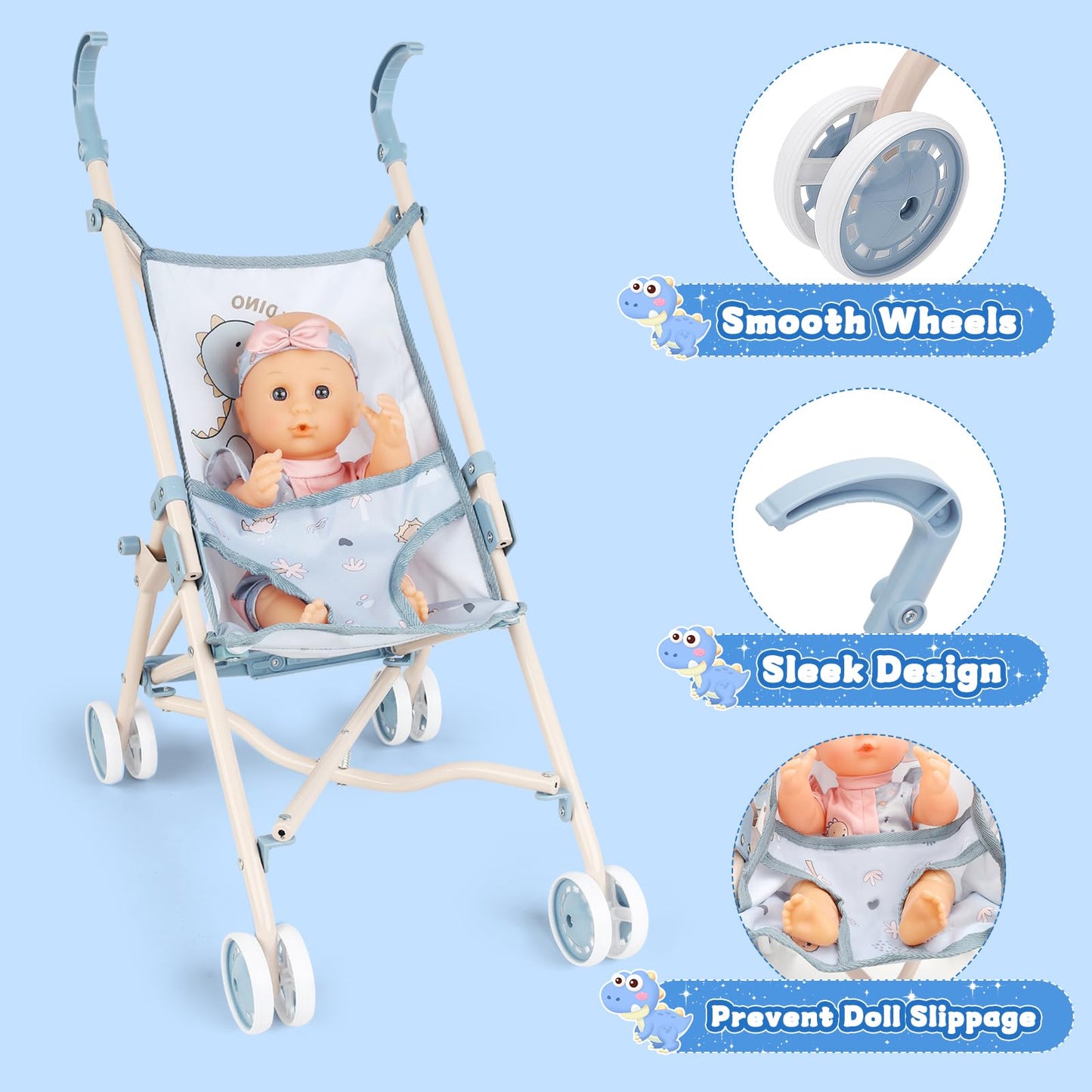deAO Baby Doll Stroller Set 12" Baby Doll with Accessories Crib Bed High Chair, Nursery Role Play Set Toys Storage Bag,Foldable Storller, Pretend Play Birthday Gifts for Toddler Girls Boys