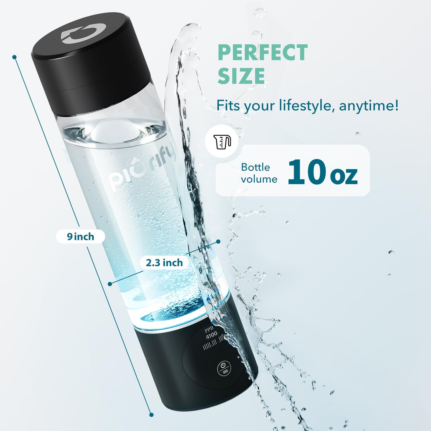 Hydrogen Water Bottle Generator - Up to 4100+ PPB - SPE/PEM Technology - Certified H2 Generator - Portable Athletic Performance & Hydration System - 6-Hour Hydrogen Retention, 10 oz (Black)
